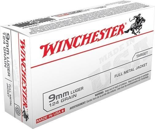 Winchester Full Metal Jacket 9mm Ammo 124 gr 50 Round Box - Brass Casing