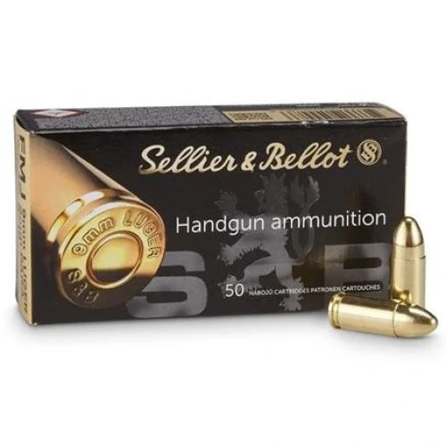 Sellier & Bellot Full Metal Jacket 9mm Ammo 124 gr 50 Round Box - Brass Casing