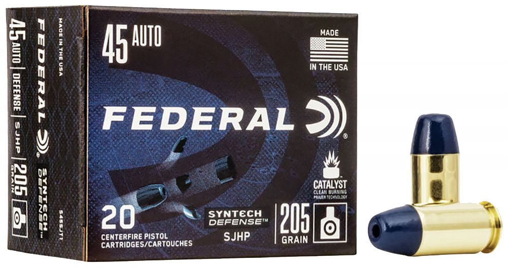 Federal Syntech Defense 45 ACP 205 gr Segmented Jacketed Hollow Point (SJHP) 20 Bx/ 10 Cs 20 Cs - Brass Casing