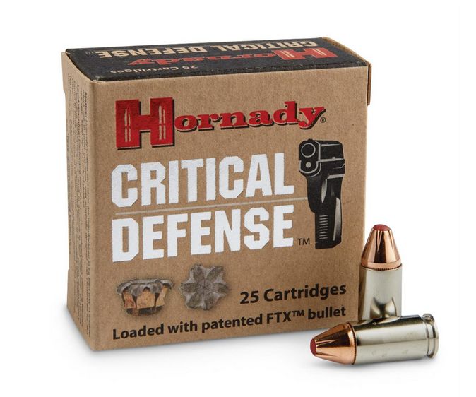 Hornady Critical Defense FTX9mm Ammo 115 gr 25 Round Box - Nickel Plated Brass Casing