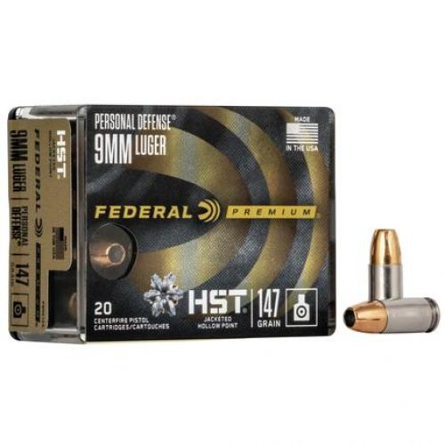 Federal Premium Personal Defense HST Jacketed Hollow Point 9mm Ammo 147 gr 20 Round Box - Brass Casing