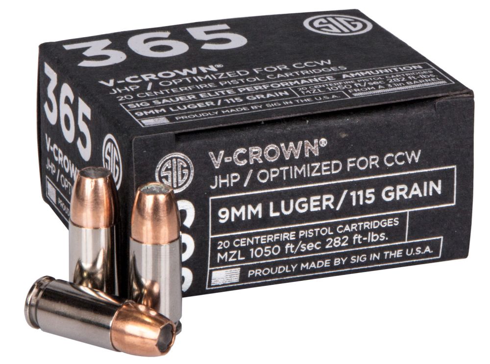 Sig Sauer Elite V-Crown Jacketed Hollow Point 9mm Ammo 115 gr 1050fps 20 Round Box - Nickel Plated Brass Casing