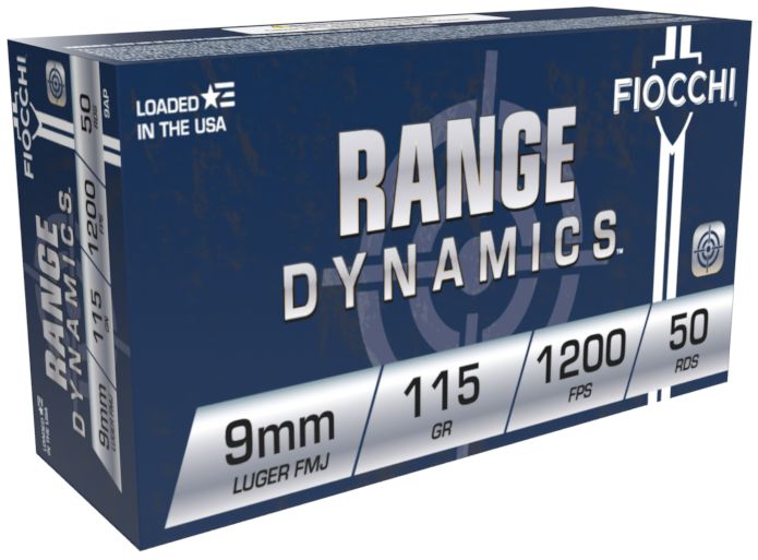 Fiocchi Pistol Shooting Dynamics9mm Ammo Full Metal Jacket 115gr 50 Round Box - Brass Casing