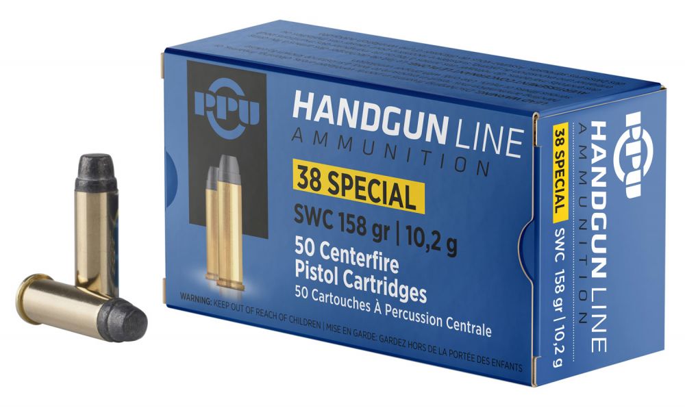 PPU Handgun Wadcutter 38 Special Ammo 50 Round Box - Brass Casing