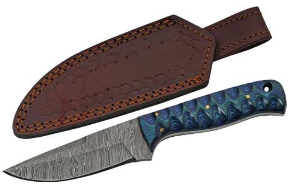 SZCO Rite Edge SZCO RITE EDGE 4" BLUE TWISTED WOOD HUNTER DAMASCUS W/SHTH