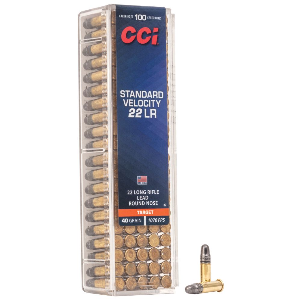 CCI Standard Velocity Lead Round Nose 22 Long Rifle Ammo 100 Round Box - Brass Casing
