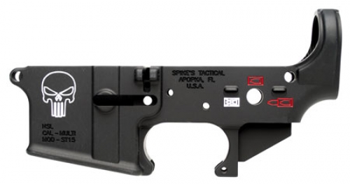 Spikes Tactical AR-15 Forged Stripped Lower Receiver Multi Caliber Forged Punisher Skull Color Filled Aluminum - Synthetic | Blue/Black